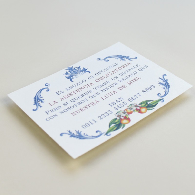 tarjeta informativa para invitación Valencia. tarjeta con el numero de cuenta. lista de boda