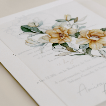 detalle Invitación de boda con flores de acuarela. Invitacion con papel vegetal. Veladura de papel vegetal. Mod Alej V