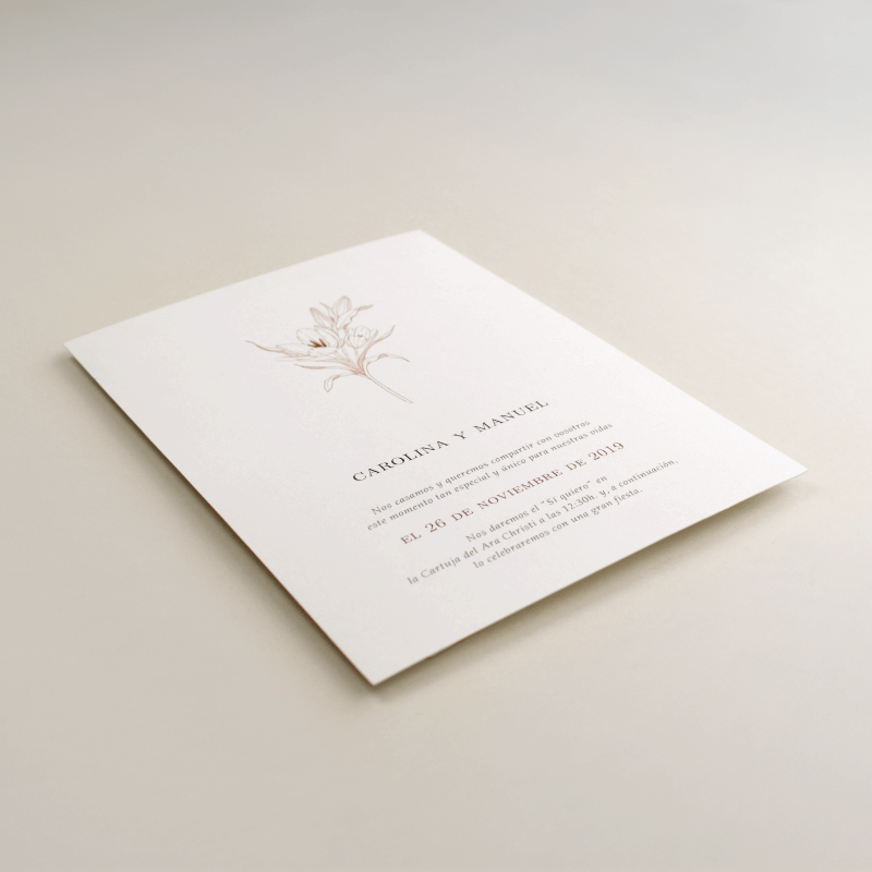 Invitación de boda con diseño floral a una tinta. invitación de boda original color teja. Mod Praga