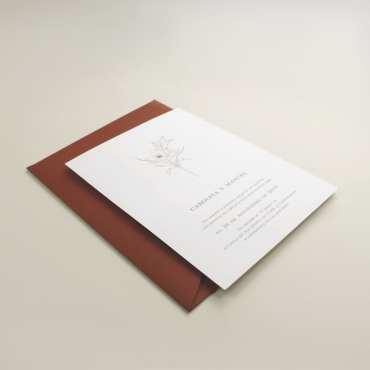 Invitación de boda diseño floral a una tinta. invitación de boda original color sobre color teja. Mod Praga