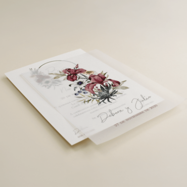 Invitacion de boda con papel vegetal. Veladura papel vegetal. Invitacion original con flores de acuarela. Mod Lom II