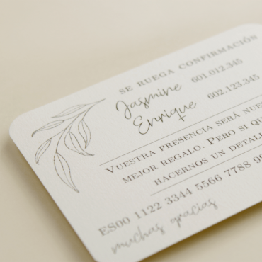 tarjeta informativa para invitación Damasco. tarjeta con el numero de cuenta. lista de boda