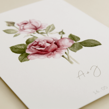 detalle invitacion de boda con flores de acuarela de rosas. modelo Estambul I