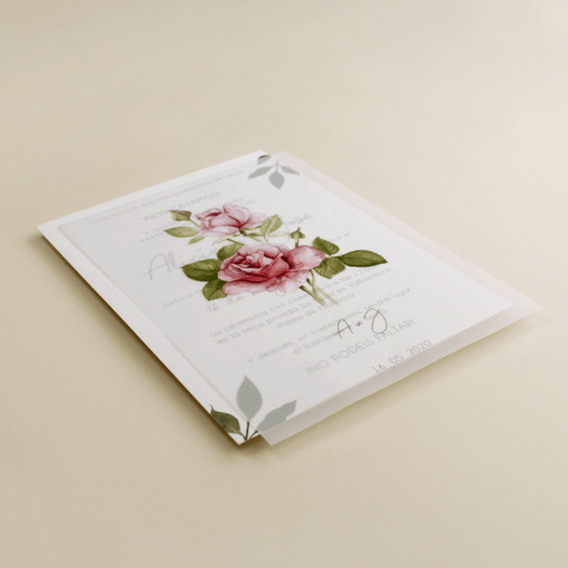 Invitacion de boda original con flores de acuarela de rosas. invitacion de papel vegetal. veladura de papel vegetal. mod est II
