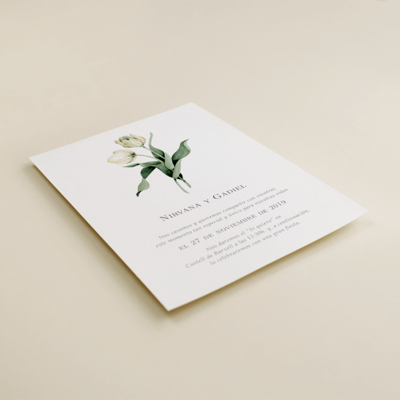 Invitación de boda con flores de acuarela de tulipanes. Modelo Ámsterdam